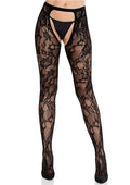 Rose Lace Crotchless Tights with Open Back
